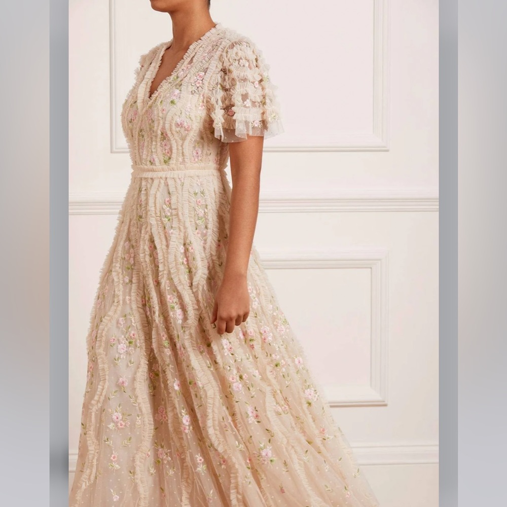 NEEDLE & THREAD Florentina Ankle Gown Dress Floral Lace Embroidered Ruffle - Picture 3 of 10